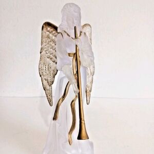 Frosted Resin Angel Figurine 8" Gold Wings & Herald Horn Christmas Mantel Decor